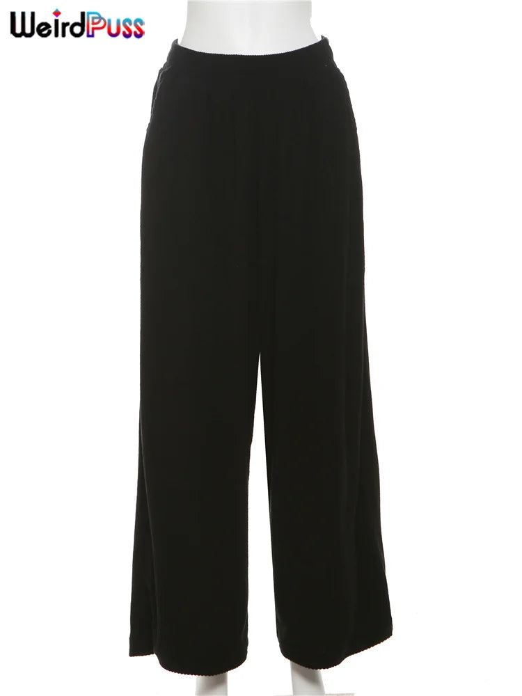 Weird Puss Y2K Casual Wide-Leg Pants Loose Simple Basic Pocket High Waist Trousers Corduroy Streetwear Long Bottoms