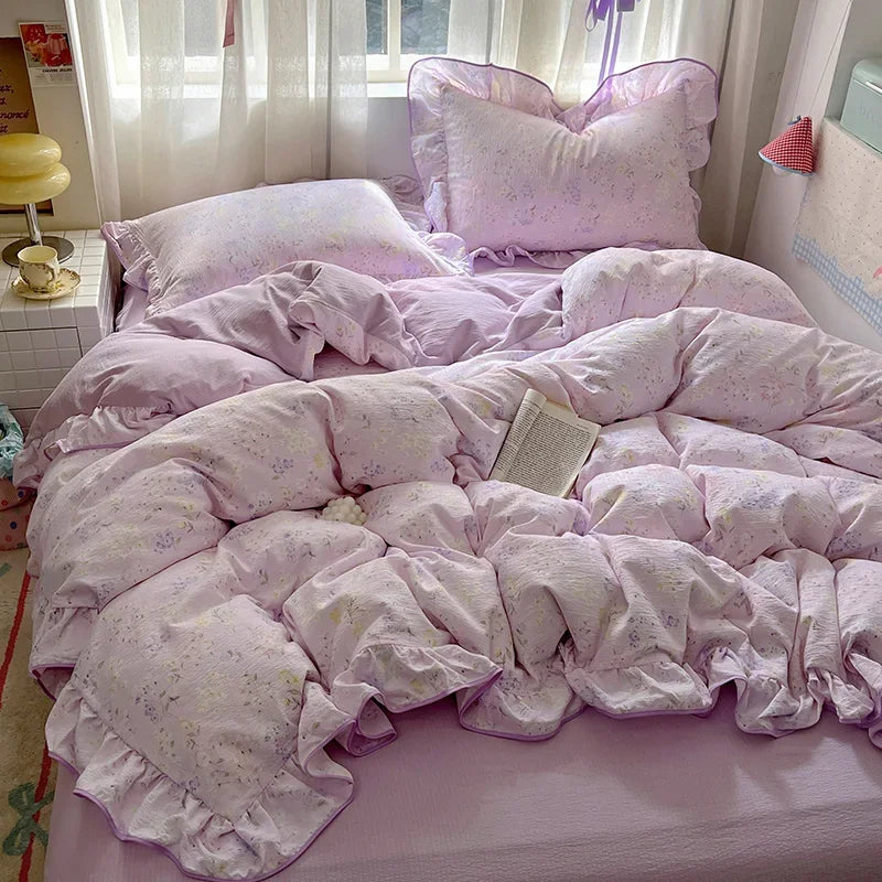Ruffles Bedding Set Floral Style Duvet Cover Pillowcase with Bedsheet Skin-friendly Bed Linen Set Girls Room Bedclothes