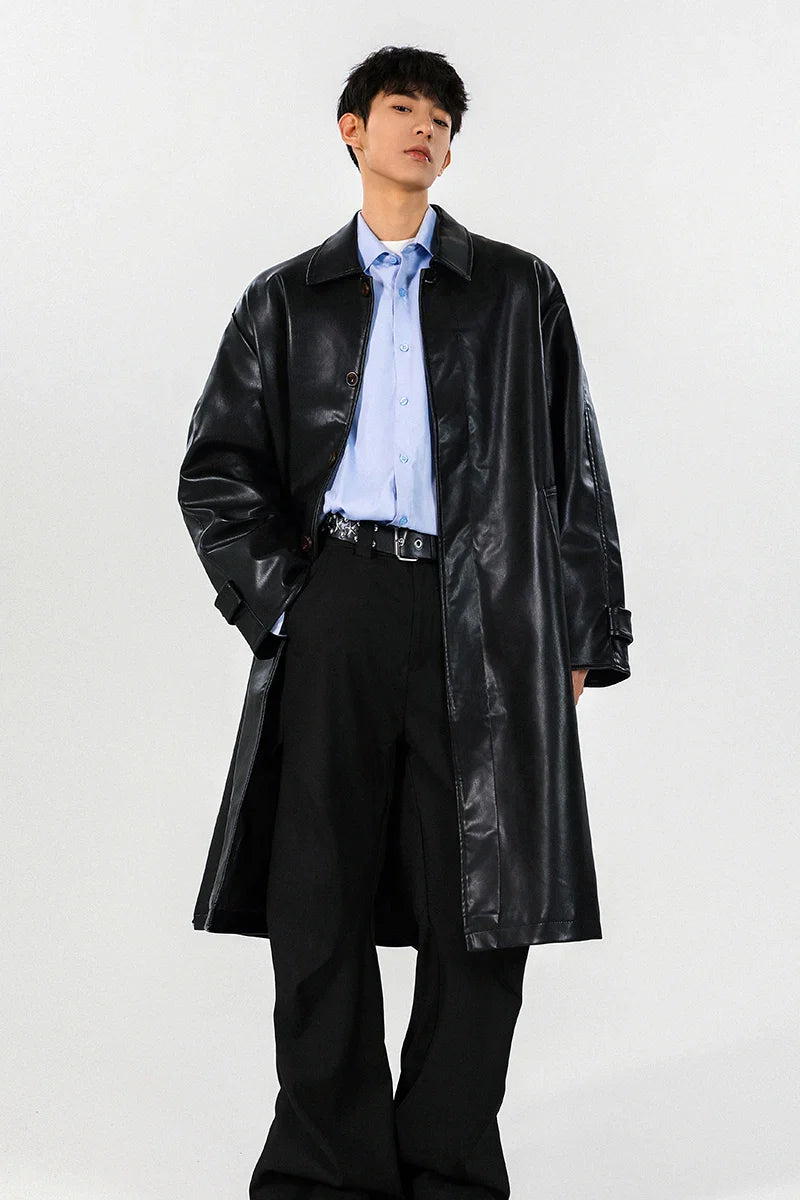 Mens PU Trench Coat Windproof Long Outerwear Jacketable Trendy Leather Coat
