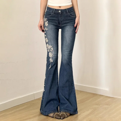 Retro Y2k Jeans Baggy Floral Embroidery Jeans Vintage 2000s Low Rise Flared Denim Pants High Street Basic Trousers