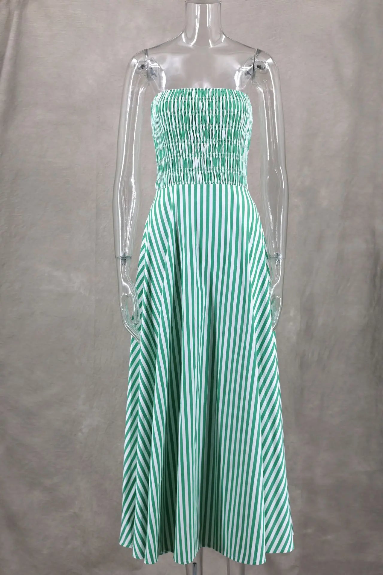 Green Striped Stripless Dress Casual Off Shoulder Backless Maxi Dress Beach Holiday Party Dress Outfits