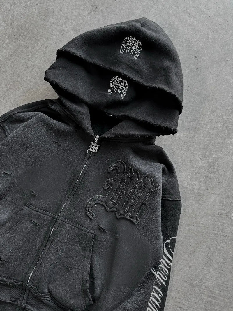 Y2K Harajuku Punk Gothic Loose Hooded Sweatshirt American Embroidered Patch Casual Double Hooded High Street Retro Sports Sui