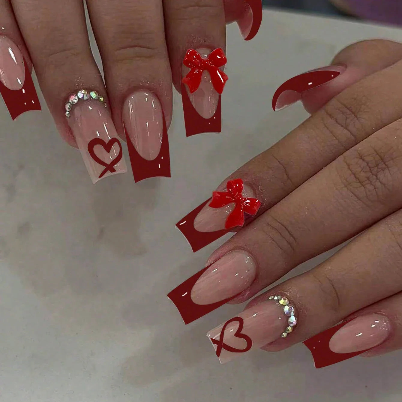 24pcs Ballet Fake Nails Pink White Bow Design French White Edge Flash Diamond High Saturation Full Coverage Fake Nai