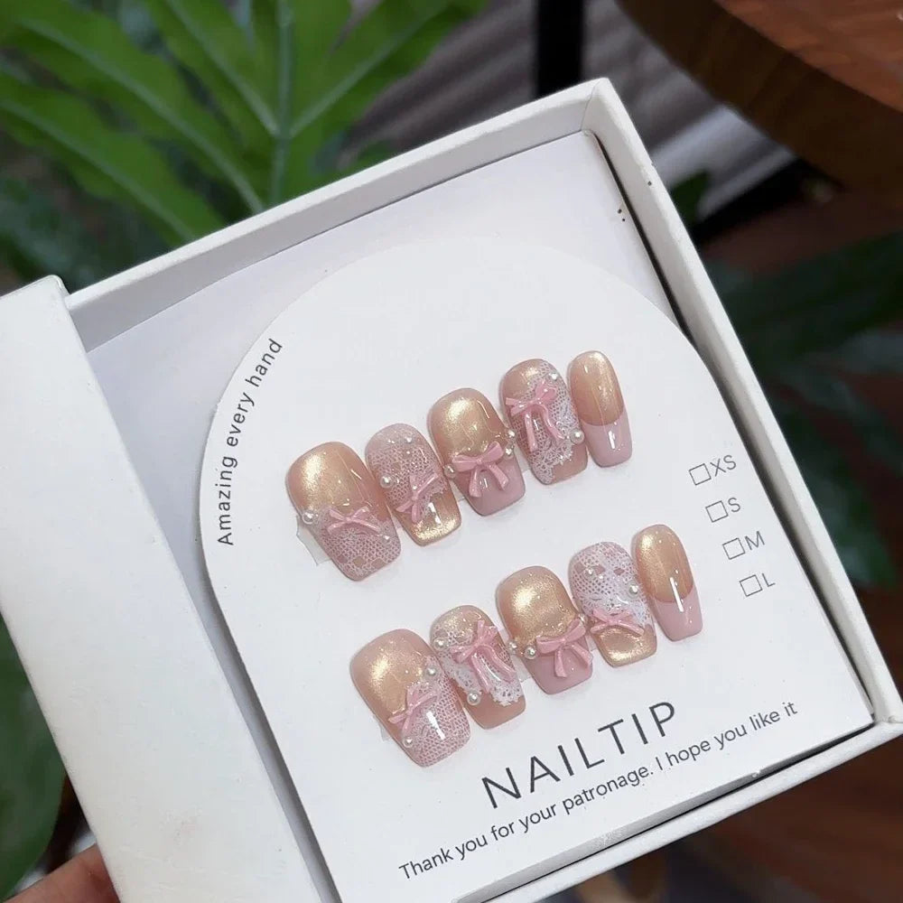 10Pcs Handmade Nude Color Press On Nails Sparkling Cat-Eye Cherry Star Marine Elements Sequins Cute Girlish Nail Suitable