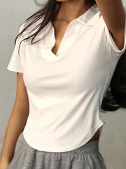Short Sleeve Lapel Top Solid V-Neck Pullovers Retro Sweet Shirts Girl Crop Top Slim Versatile Tee