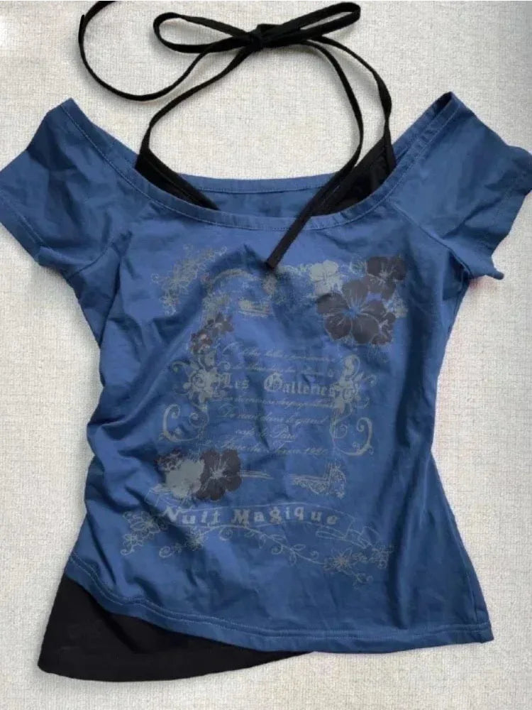 Vintage Fake Two Piece Halter Lace Up T-shirts Y2k Slim Fit Print Tops Off Shoulder Short Sleeve Tee Shirt