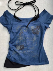 Vintage Fake Two Piece Halter Lace Up T-shirts Y2k Slim Fit Print Tops Off Shoulder Short Sleeve Tee Shirt