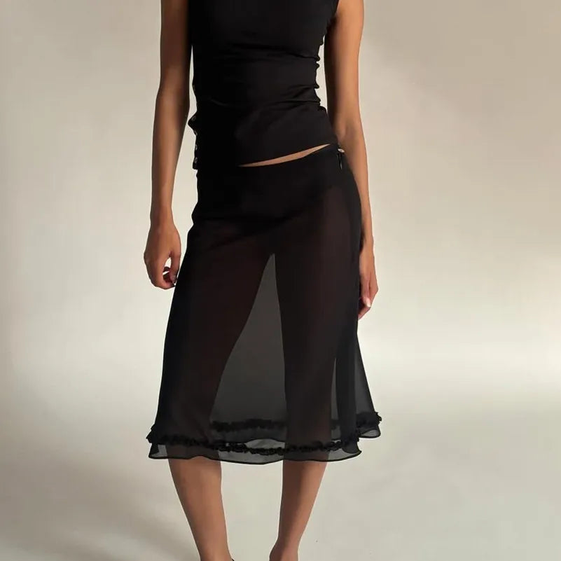 Y2k Fairy Coquette Skirts Dress Midi Skirt See Through Low Rise Ruffled Hem Dot Pattern White Black Mesh Sheer Skirt