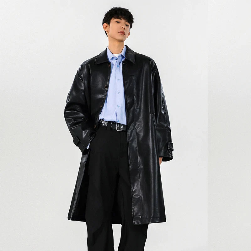 Mens PU Trench Coat Windproof Long Outerwear Jacketable Trendy Leather Coat