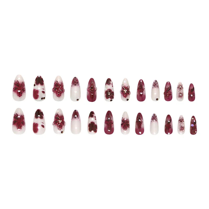 24pcs Flower Print Press on Nails Wine Red Blush Almond False Nail Tips Wearable Reusable Spicy Girl Fake Nails
