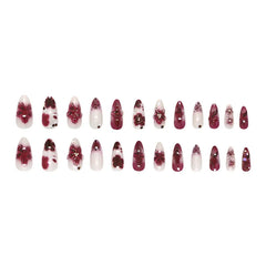 24pcs Flower Print Press on Nails Wine Red Blush Almond False Nail Tips Wearable Reusable Spicy Girl Fake Nails