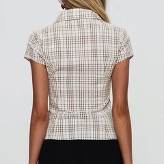 Rockmoer French Stripe Blouse Button-up Lapel Slim Shirt Y2K Vintage Street Elegant Short Sleeve Tops Preppy Downtown Girl