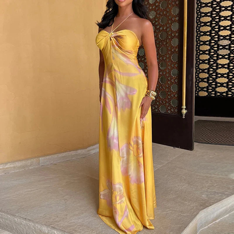 Yellow Printed Halter Satin Dress Hollow Off Shoulder Bohemian Dress Sleeveless Slim Party Long Dresses