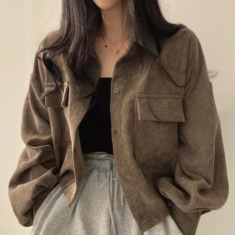 Retro Versatile Single Breasted Turndown Collar Long Sleeved Jacket