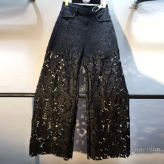 European Hollow Lace Jeans Black Lace Denim Pants Heavy Industry Beads Diamond Denim Splicing Crochet