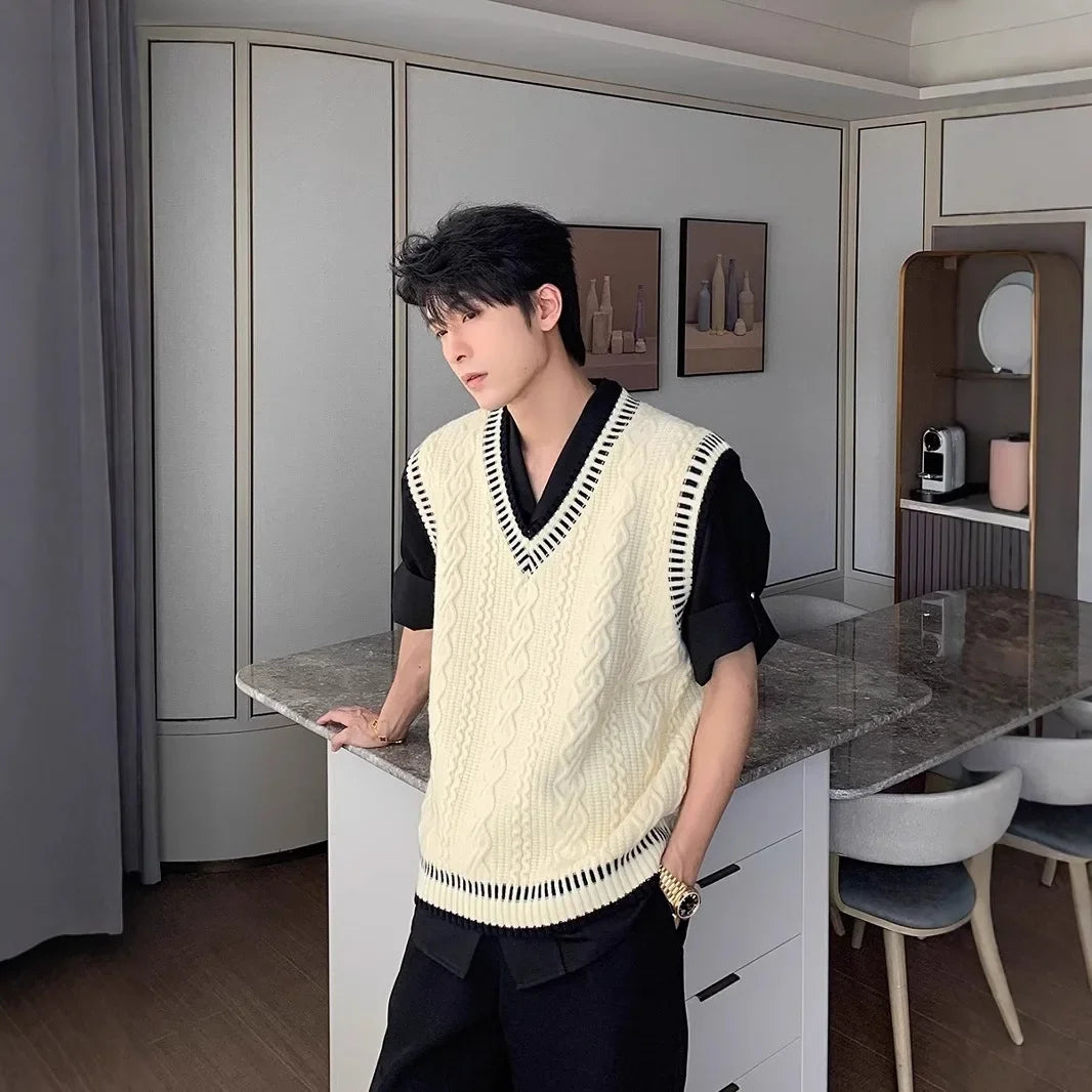 Arrival Preppy Style Cable Knit Vest Sweater Casual V-neck Top Korean Version Loose-fit Top