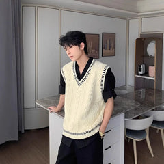 Arrival Preppy Style Cable Knit Vest Sweater Casual V-neck Top Korean Version Loose-fit Top
