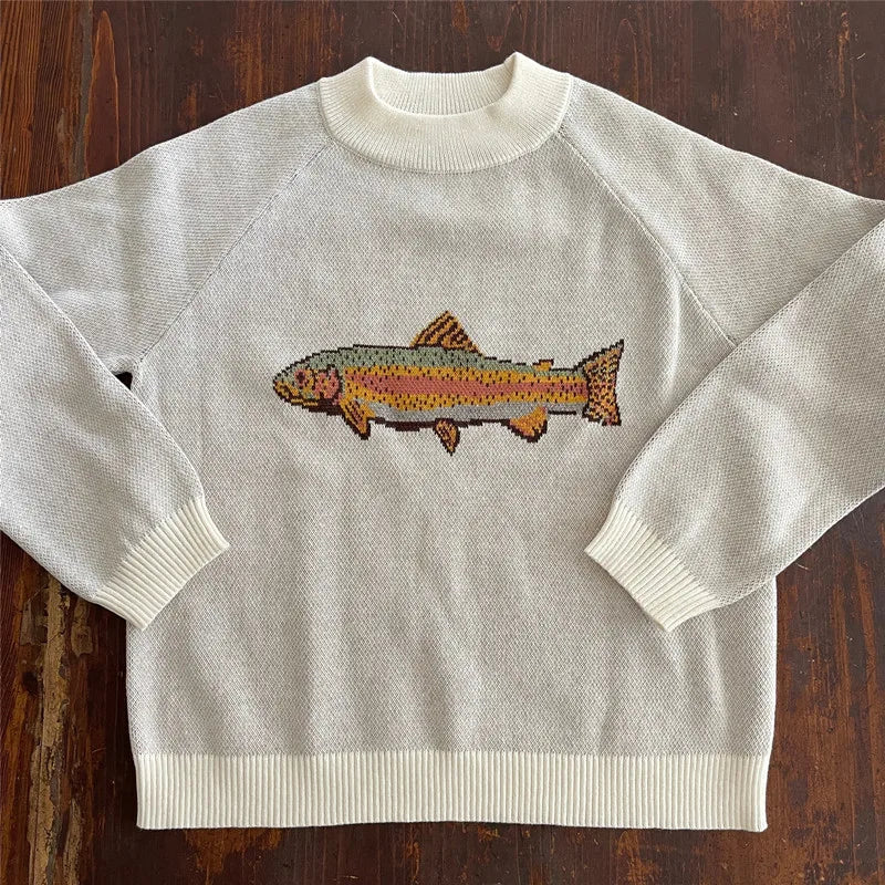 Y2K Contrast Fish Sweater Long Sleeve Crew Neck Ribbed Knit Pullover Sweaters Casual Knitwear Tops