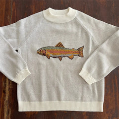 Y2K Contrast Fish Sweater Long Sleeve Crew Neck Ribbed Knit Pullover Sweaters Casual Knitwear Tops