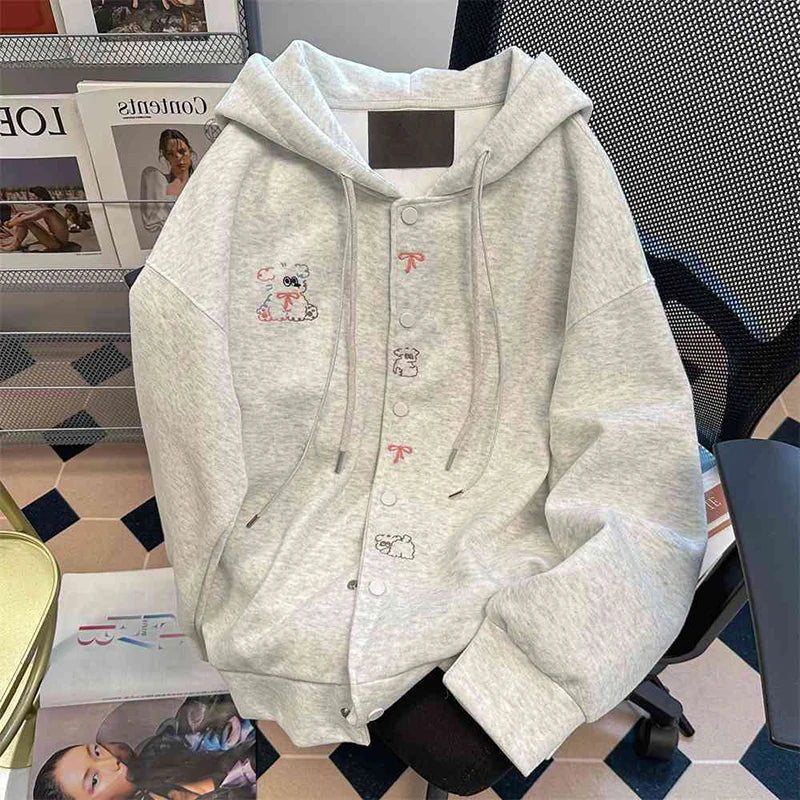 Sweet Puppy Embroidery Hoodies Preppy Loose Casual All Match Hooded Sweatshirts Fall Cute Streetwear Lace Up Coats