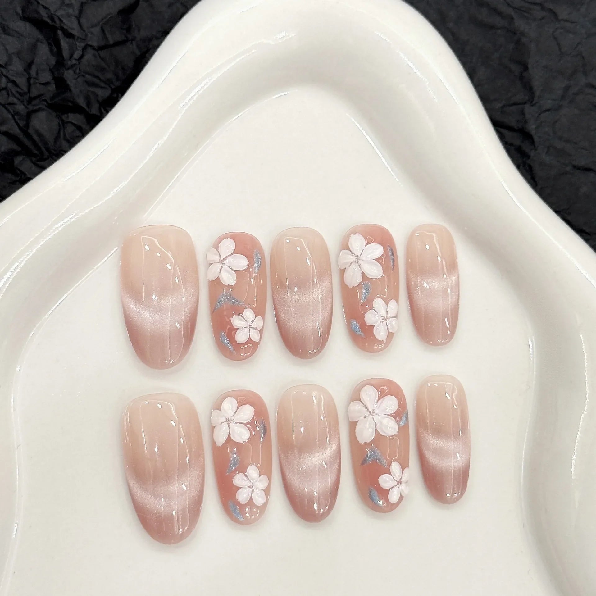 10pcs Simple Handmade Fake Nail Tip Gradient Pink Design False Nail Art Reusable French Cat's Eye Mid-length Oval Press on Nails