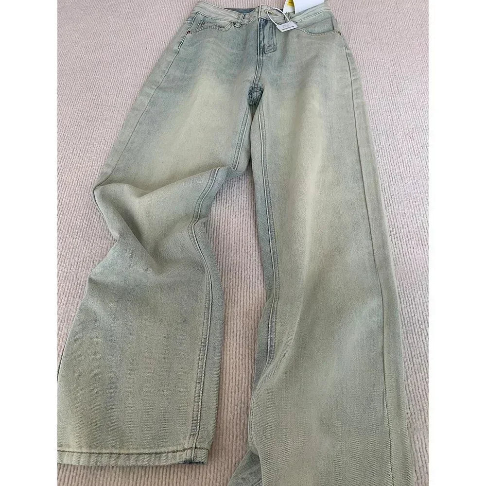 Street Harajuku Heavy Industries Retro Pattern Embroidery Blue Washed Jeans Personalized Casual Splicing Flare Pants