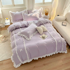 Korean Princess Style Bedding Sets Ins Lace Bowknot Duvet Cover Fitted Sheet