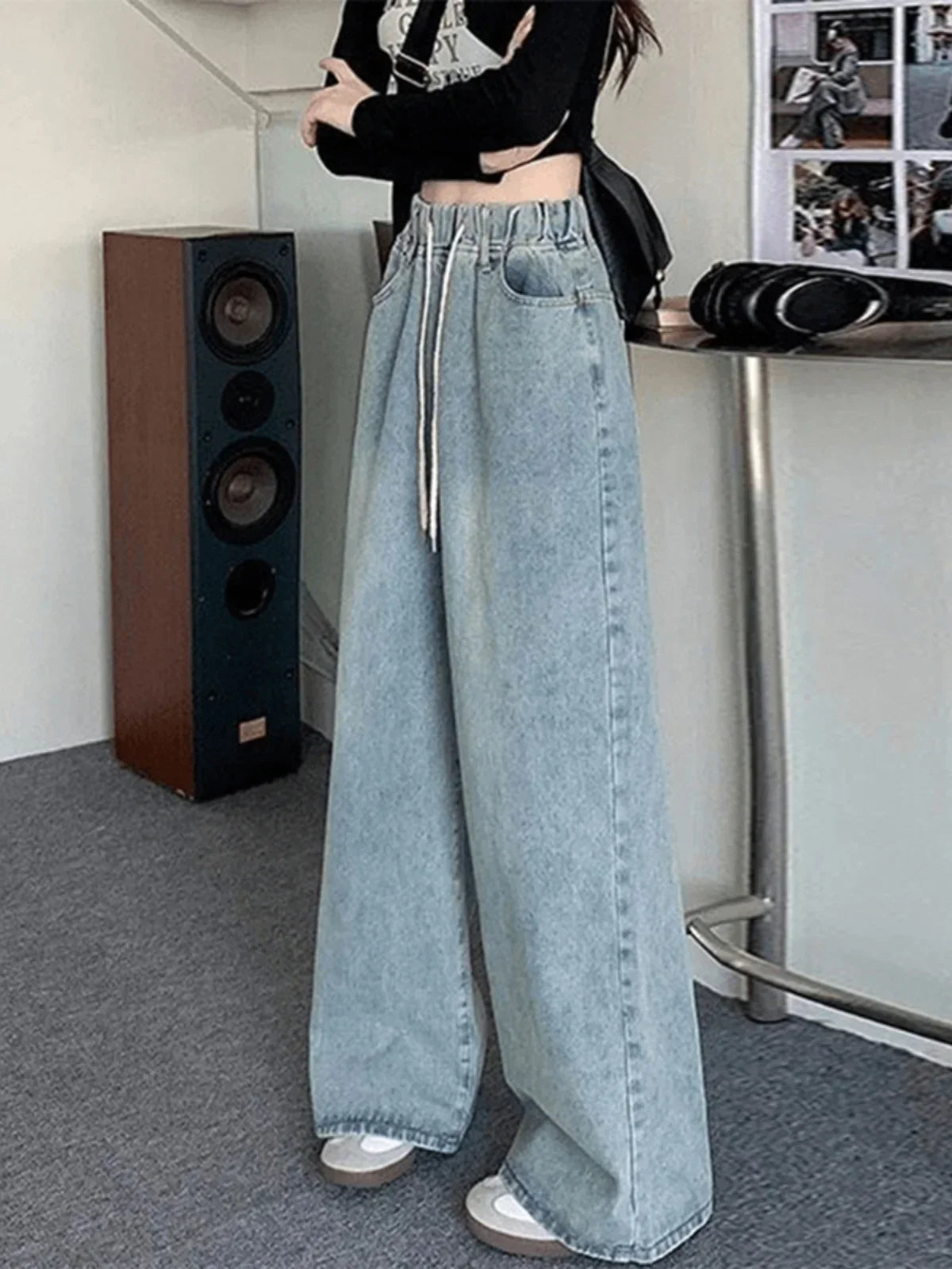 Botvotee Elastic Waist High Waist Wide Leg Jeans