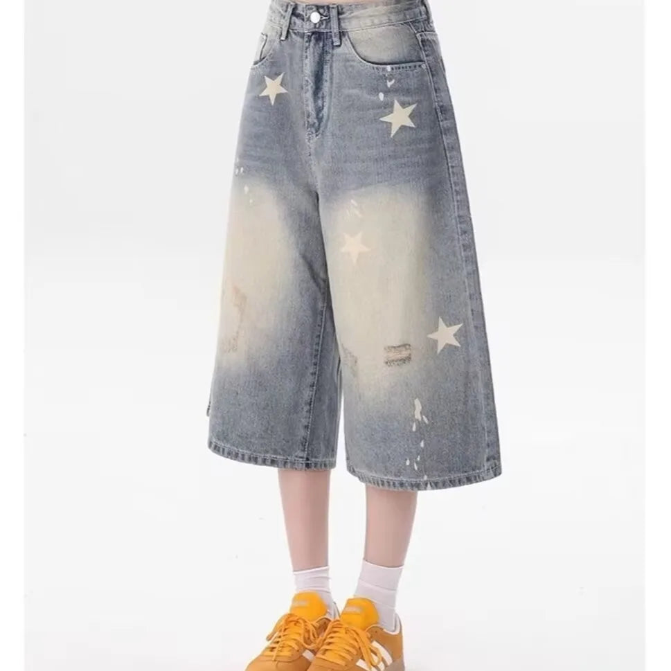 DM American Vintage Washed Star Denim Shorts Y2k High Waist Straight Wide Leg Jeans Loose Knee-Length Pants