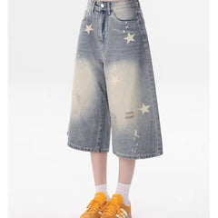 DM American Vintage Washed Star Denim Shorts Y2k High Waist Straight Wide Leg Jeans Loose Knee-Length Pants