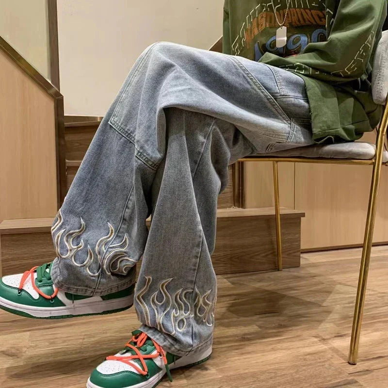 Flame Embroidery Jeans Neutral Wide Leg Denim Trousers Loose Straight Jeans Youth Casual Baggy Hip Hop Pants