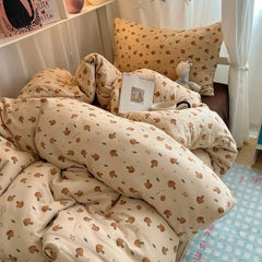 Bedding Set Double Layered Yarn INS Girls Mushroom Soft Washed Cotton Bed Sheet Queen King Size Duvet Set Pillowcase Bed Sheet