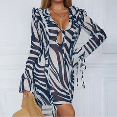 Yiiciovy Blue Striped See-through Bikini Cover-Ups Lace Up V-neck Beachwear Bathing Dress Cover-Ups Swimwears