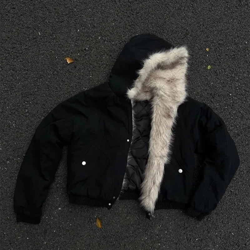 Y2K American Black Retro Wool Collar Thickened Cotton Jacket
