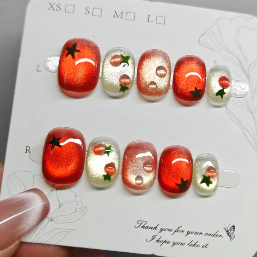 10pcs Festive Red Oval Short Press-On Nails with Cute Tomato Design Glossy Finish Holiday Nail Art Set