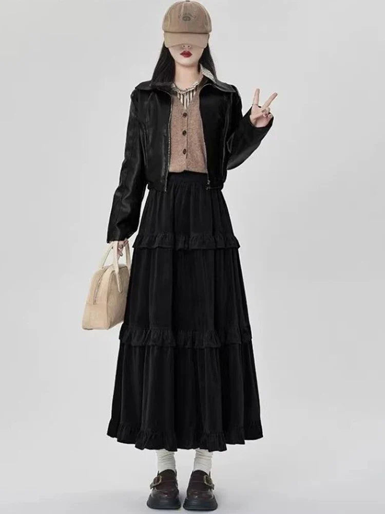Fleece Midi Skirt Y2K Thick Ruffled Patchwork Casual Skirt Ladies High Waist Preppy A Line Skirt New