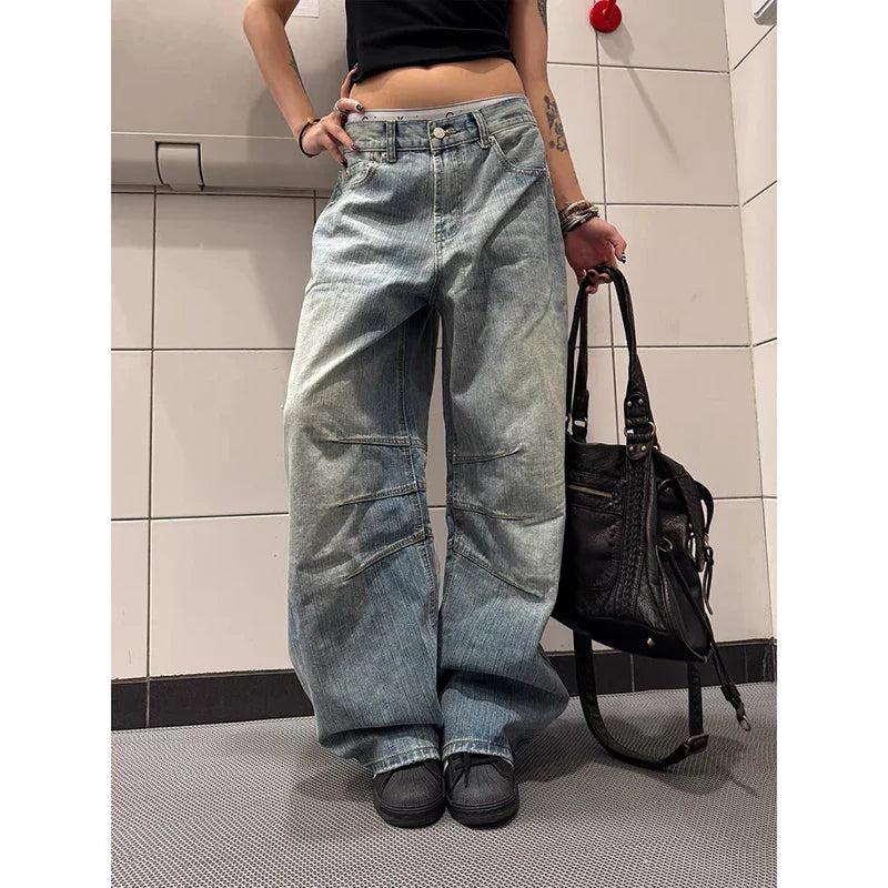 Korean Vintage Y2K 2000s Blue Washed Jeans Loose High Waisted Straight Leg Pants Clothing