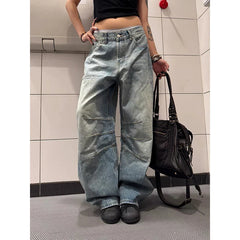 Korean Vintage Y2K 2000s Blue Washed Jeans Loose High Waisted Straight Leg Pants Clothing