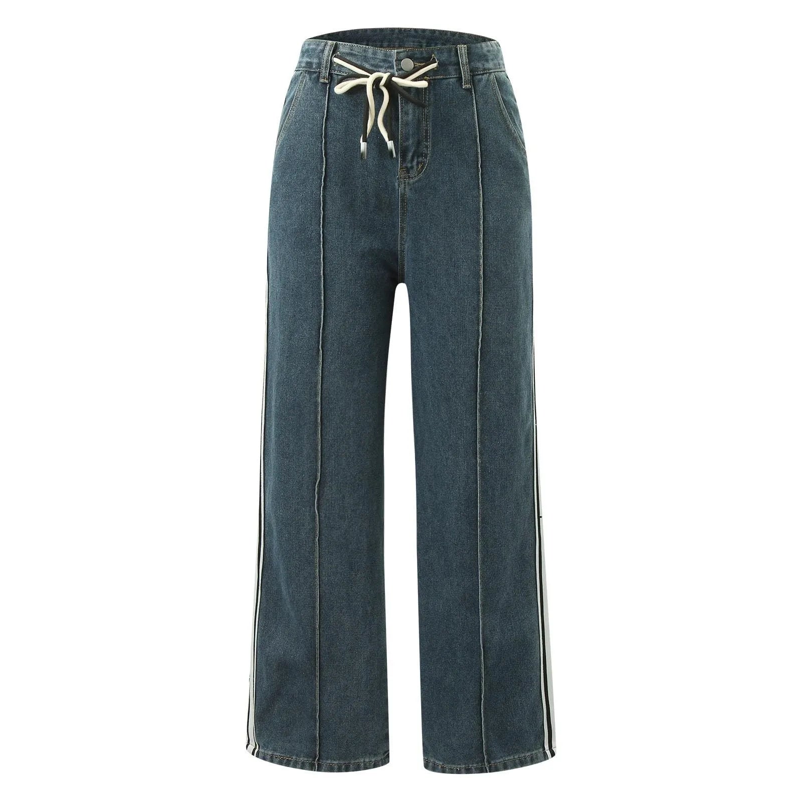 Trendy Denim Pants Striped Drawstring High Waist Jeans Harajuku Y2k Korean Style Vintage Loose Straight Rousers