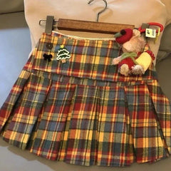 Kawaii Vintage Cute Plaid A-line Skirt Design Chic Elastic Waist Patchwork Skirt Pretty Loose Skirt Y2k