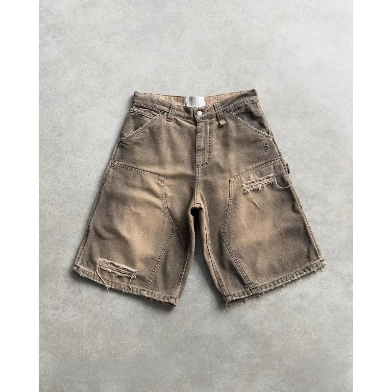 Deeptown Y2k Vintage Washed Short Cargo Jeans Harajuku Hole American Style Wide Leg Man Jorts Baggy Hip Hop Streetwear