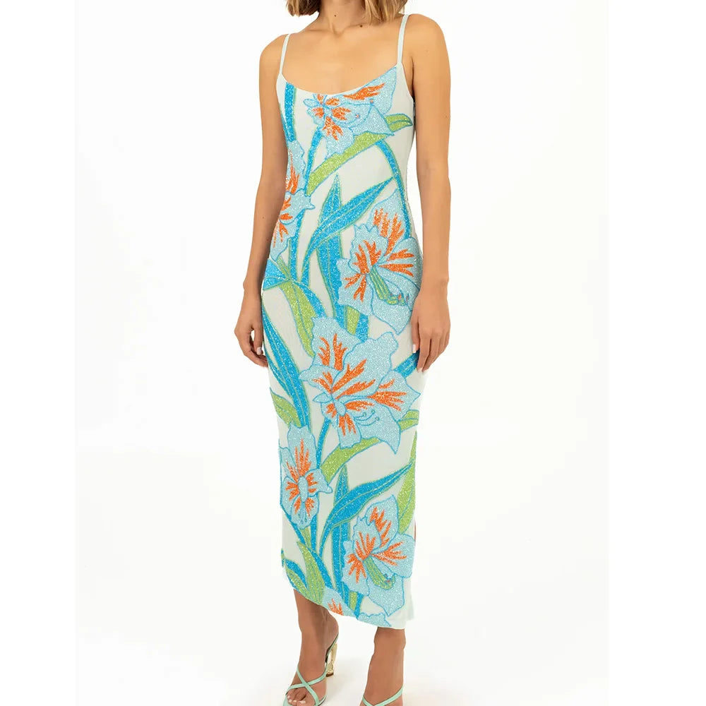 y2k Vintage Starfish Sequins Maxi Dress Sleeveless Bodycon Tank Dress Backless Beach Party Long Dresses