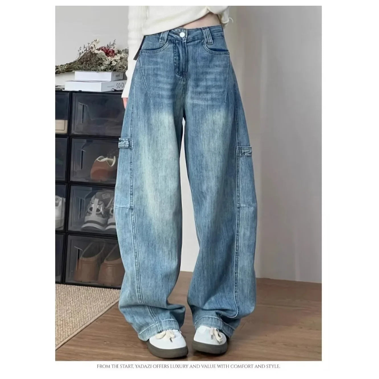 Women' Curved Straight Wide Leg Light Blue Jeans Young Girl Denim Trousers Vintage Street Style Bottoms High Waisted Pant