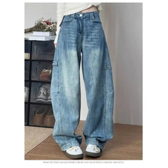 Women' Curved Straight Wide Leg Light Blue Jeans Young Girl Denim Trousers Vintage Street Style Bottoms High Waisted Pant