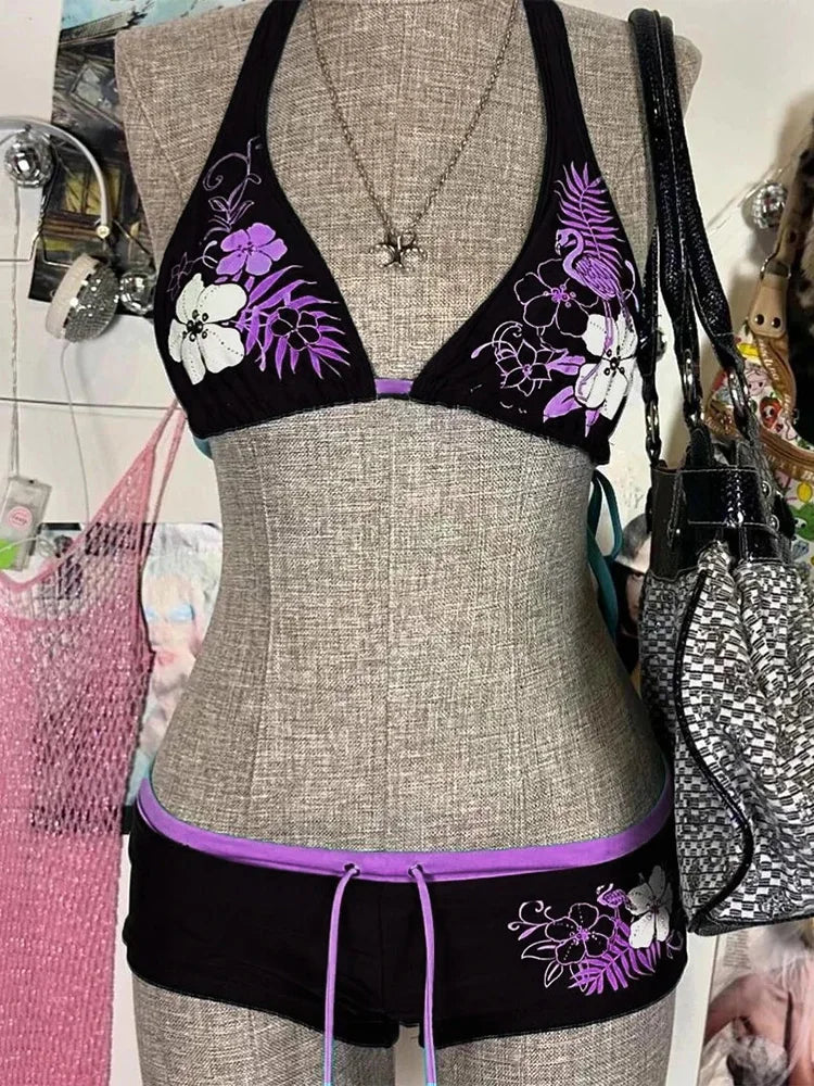 Vintage Flower print Cutie set Bikini 2000s Swimsuit Bathing Halter Strap Swimwear High Street Beach Female