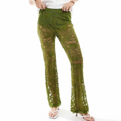 Stylish See-Through Lace Flare Pants High Rise Elastic Waist Bell-Bottoms Streetwear Long Trousers