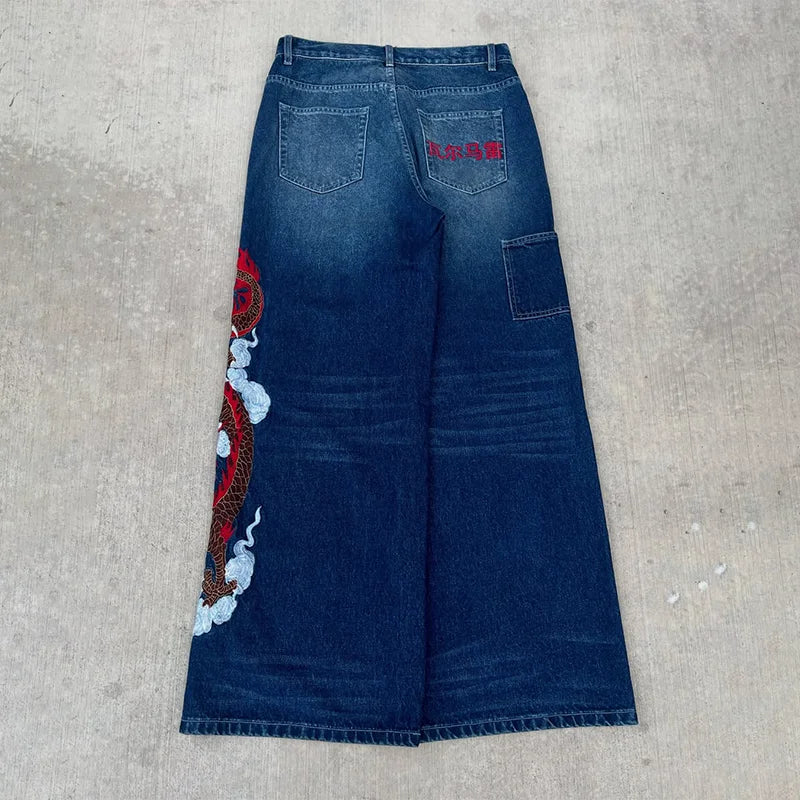 Dragon Graffiti Embroidery Dark Blue Loose Wide Leg Distressed Jeans Y2K High Waist Vintage Casual Daily Streetwear