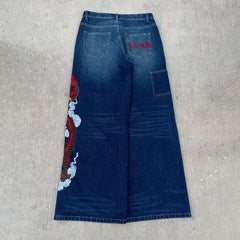 Dragon Graffiti Embroidery Dark Blue Loose Wide Leg Distressed Jeans Y2K High Waist Vintage Casual Daily Streetwear
