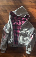Y2K Vintage Cherry Blossom Embroidery Zipper Hoodie Harajuku Loose Reversible Simple Grid Jacket Pink Coat Streetwear