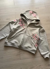Y2K Vintage Oversized Cherry Blossom Embroidered Hooded Jackets Pink Zipper Coat Harajuku Hip Hop Graphic Streetwear